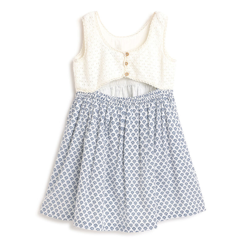 Girls White and Blue Printed Sleeveless Dress image number 1
